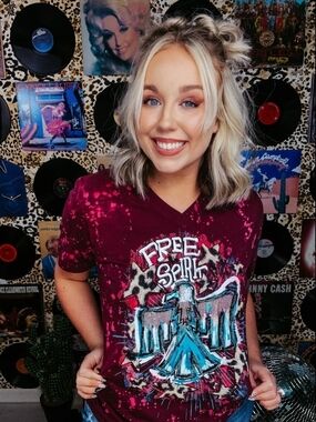 Free Spirit Thunderbird Leopard Bleached Graphic V-Neck Tee Burgundy